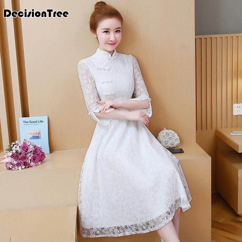 aodai cheongsam Восточная одежда кружевное платье ao dai короткое Кружевное платье для женщин вьетнамское платье Ципао китайское платье