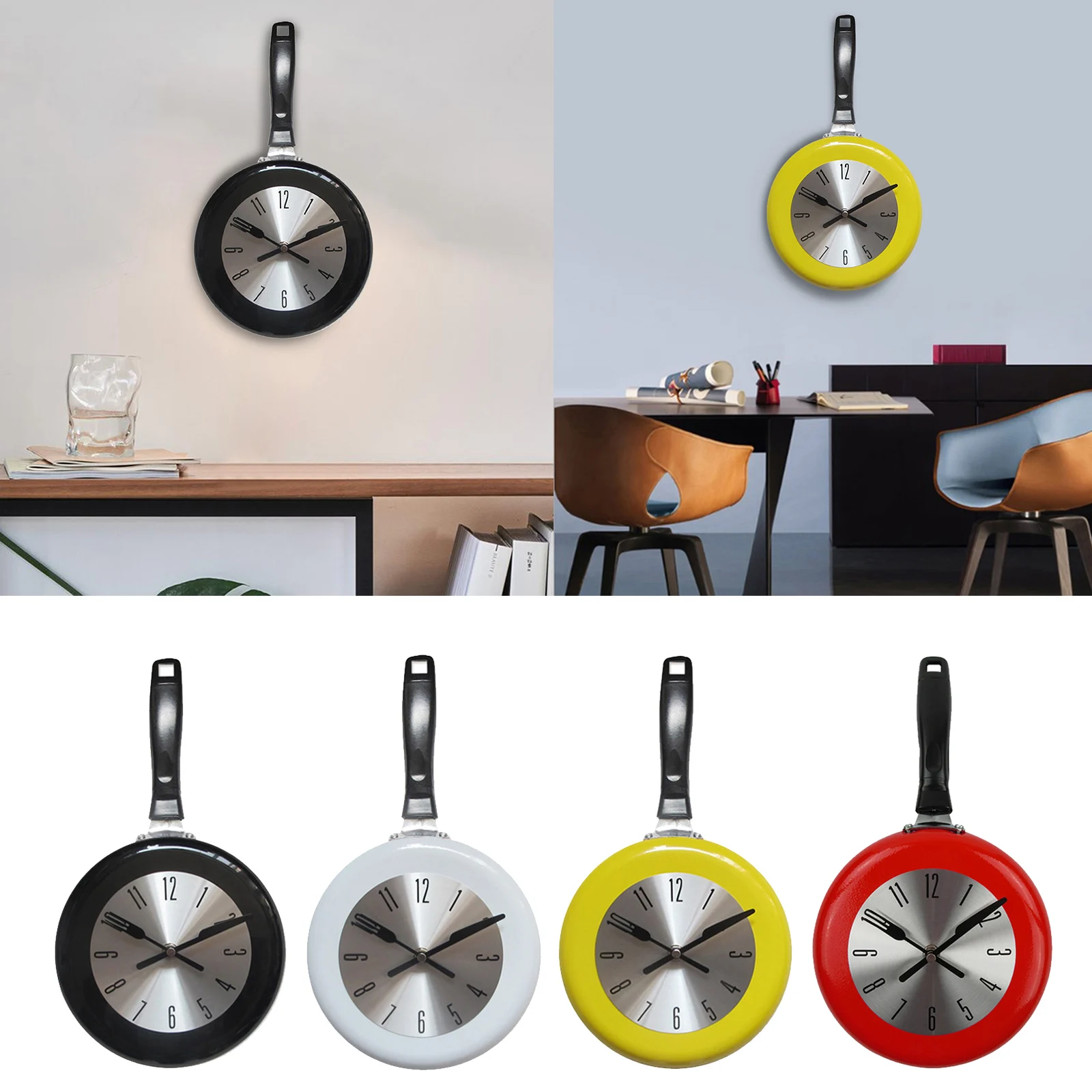 

Cute Wall Clock Metal Frying Pan Watch Home Kitchen Dining Room Decoration