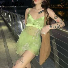 ALLNeon – robe de soirée en mousseline de soie, imprimé Floral, Patchwork, Sexy, dos nu, col en v, ligne a, vert, Y2K, 2000  (4)