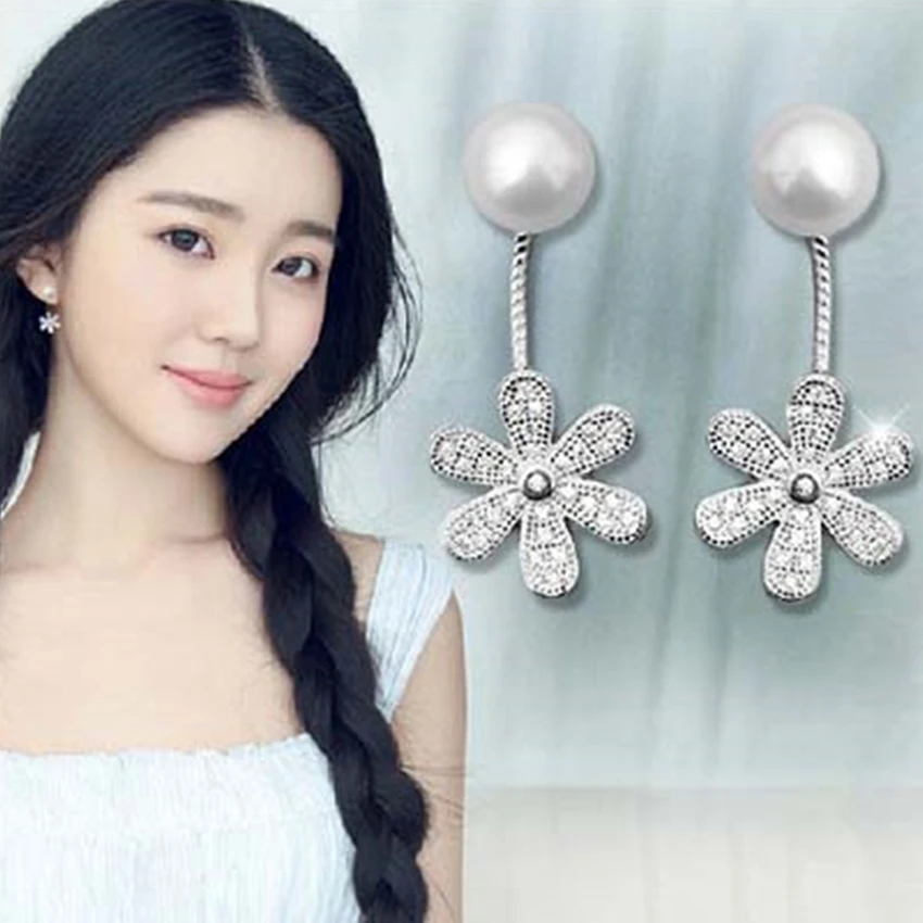 

925 Sterling Silver High Quality Lady Fashion Cute Crystal Flower Pearl Long Paragraph Flowing Water Retro Stud Earrings Jewelry