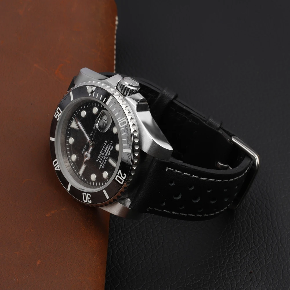 Handmade Watch Strap 18mm 19mm 20mm 22mm Leather Strap Black Brown Blue Breathable Porous Watchbands # C