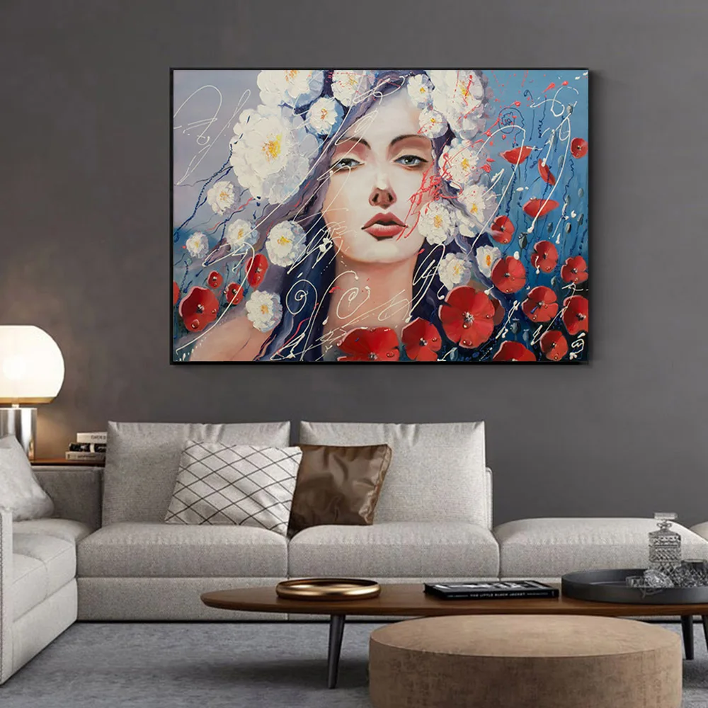 

Fashion Modern Abstract Wall Art Girl With Red Flower Canvas Painting For Home Bedroom Art Wall Decoration Wall Picture Unframed