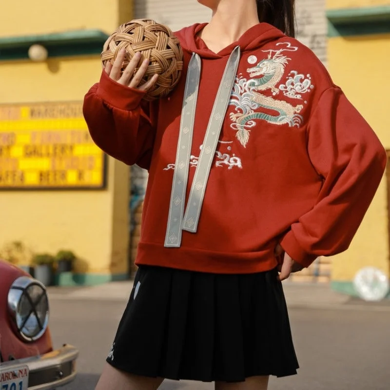 

2022 Clouds Dragon Embroidery Set Chinese Style Hanfu Red Hooded Hoodie Female Black Short Skirt Two-piece Suit Spring Autumn