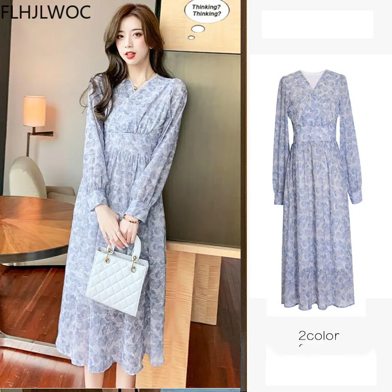 

Chic Korean Clothes Design Autumn Spring Womens Long Sleeve V Neck Elegant Lady Floral Printed Retro Vintage Long Dress