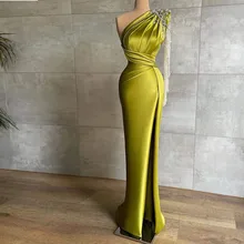 Robe De Soirée en Satin vert, asymétrique, épaule dénudée, avec plis et franges, fente haute, élégante, tenue De bal, nouvelle collection  (3)