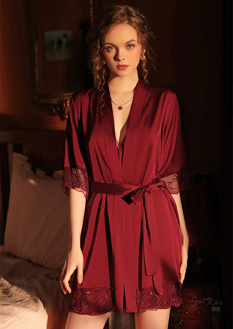 

Женская атласная ночная рубашка JULY'S SONG, кружевная, с V-образным вырезом и поясом, элегантная летняя пижама из искусственного шелка