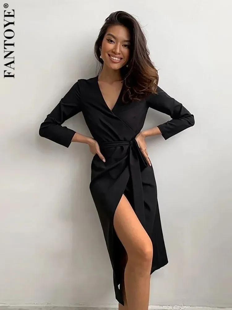 

Женское платье с v-образным вырезом Fantoye, черное облегающее платье с длинным рукавом и разрезом на осень