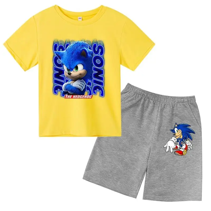 

New Summer Boys' 4-14T Fashion Comfortable Cotton Sonics Print Short Sleeve T-Shirt+Shorts Kids Suit