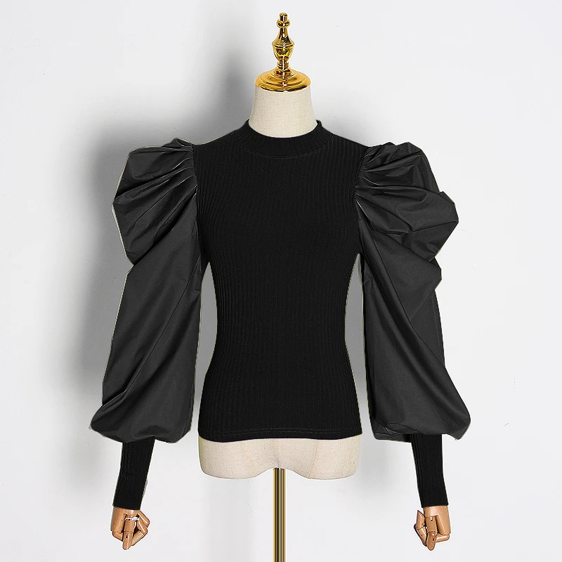 Patchwork Knitting Women's Sweaters O Neck Puff Sleeve Ruched Streetwear Female Sweater Autumn Fashion New 2019 | Женская одежда