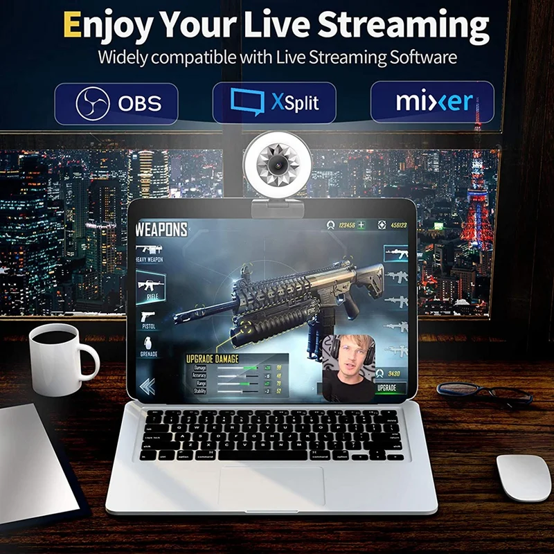 

1080P HD Streaming Webcam with Mic and Ajustable Ring Light, Computer Camera for Mac Laptop Conferencing Streaming