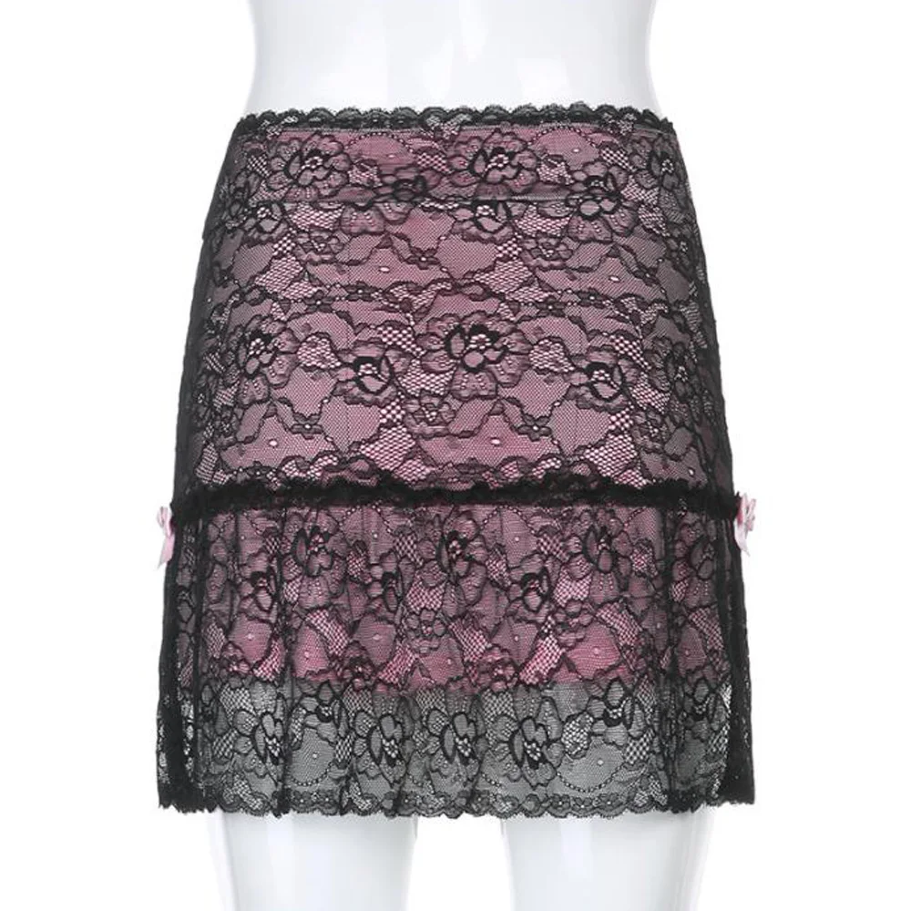 

Women Boho Beach Skirts Summer High Waist Floral Lace Ruched Slim Short Mini Skirt A-line Bottoms Party Vacation Female