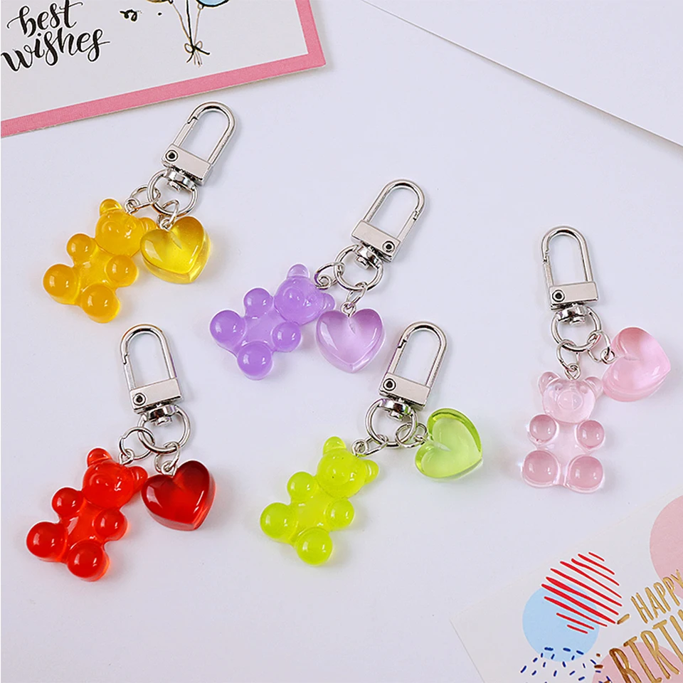 

Cute Sweet Candy Color Jelly Bear Keychain Keyring for Women Car Keys Bag Decor Charms Pendant Girl Gifts