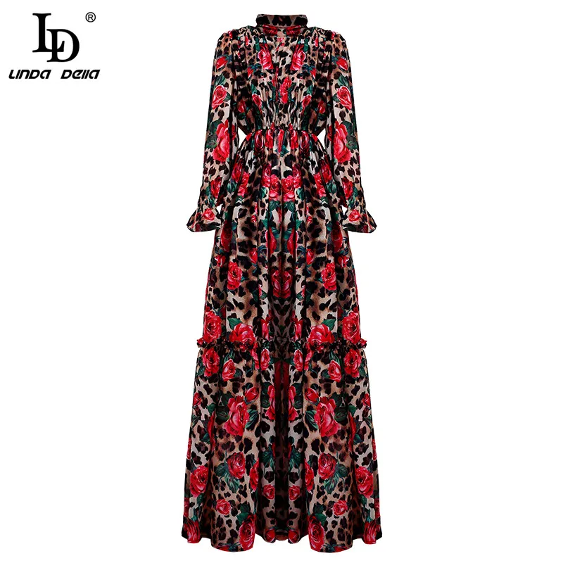 

Fashion Runway Long Sleeve Maxi Dresses Women's Elegant Party Rose Floral Leopard Print Long Dress Holiday Dress