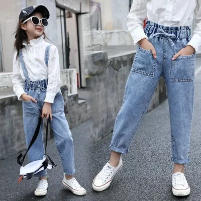 Джинсовые брюки для девочек и подростков повседневный комбинезон со съемным