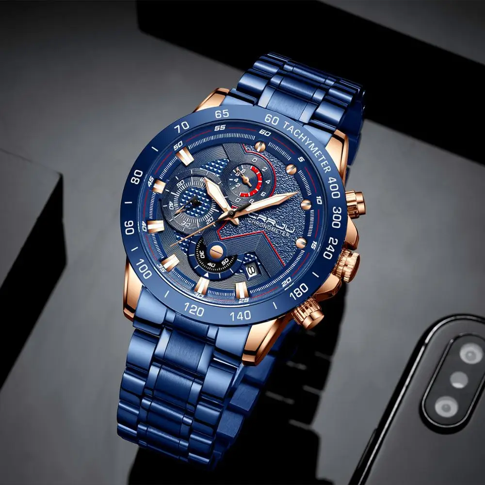 CRRJU Stainless Steel Metal Mens Watches Chronograph Wristwatch male Waterproof Sport Quartz watch Relogio Masculino