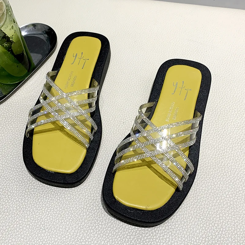 

2021 summer rhinestone platform sandals ins style fashion flat fairy beach shoes