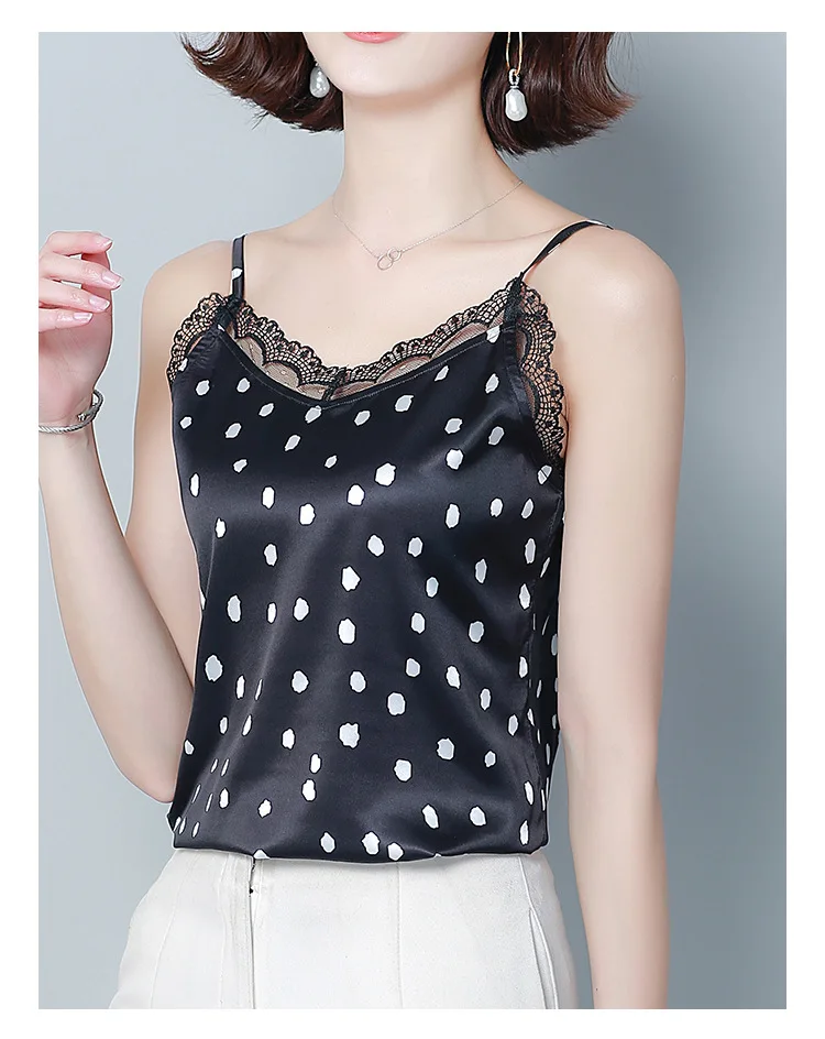 

Women Satin Silk Lace Tank Tops Vest Blouse Fashion Female Casual Crop Camisole Black