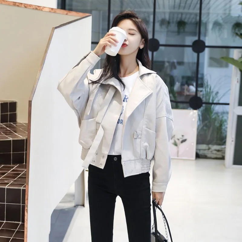 

2019Spring Autumn New Leather Jacket Female Ins Short Korean Suit Collar Loose Casual Small Motorcycle Leather Jacket TideAA151