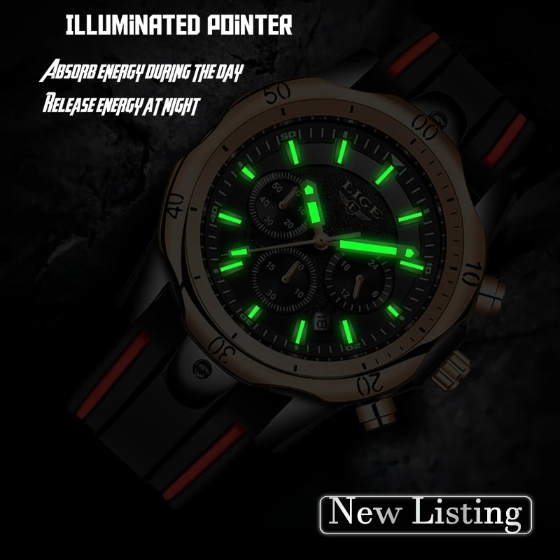 Часы наручные LIGE мужские с силиконовым ремешком брендовые Роскошные деловые