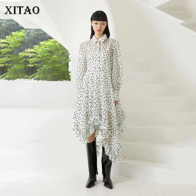 

Платье-рубашка XITAO, асимметричное осеннее платье с отложным воротником