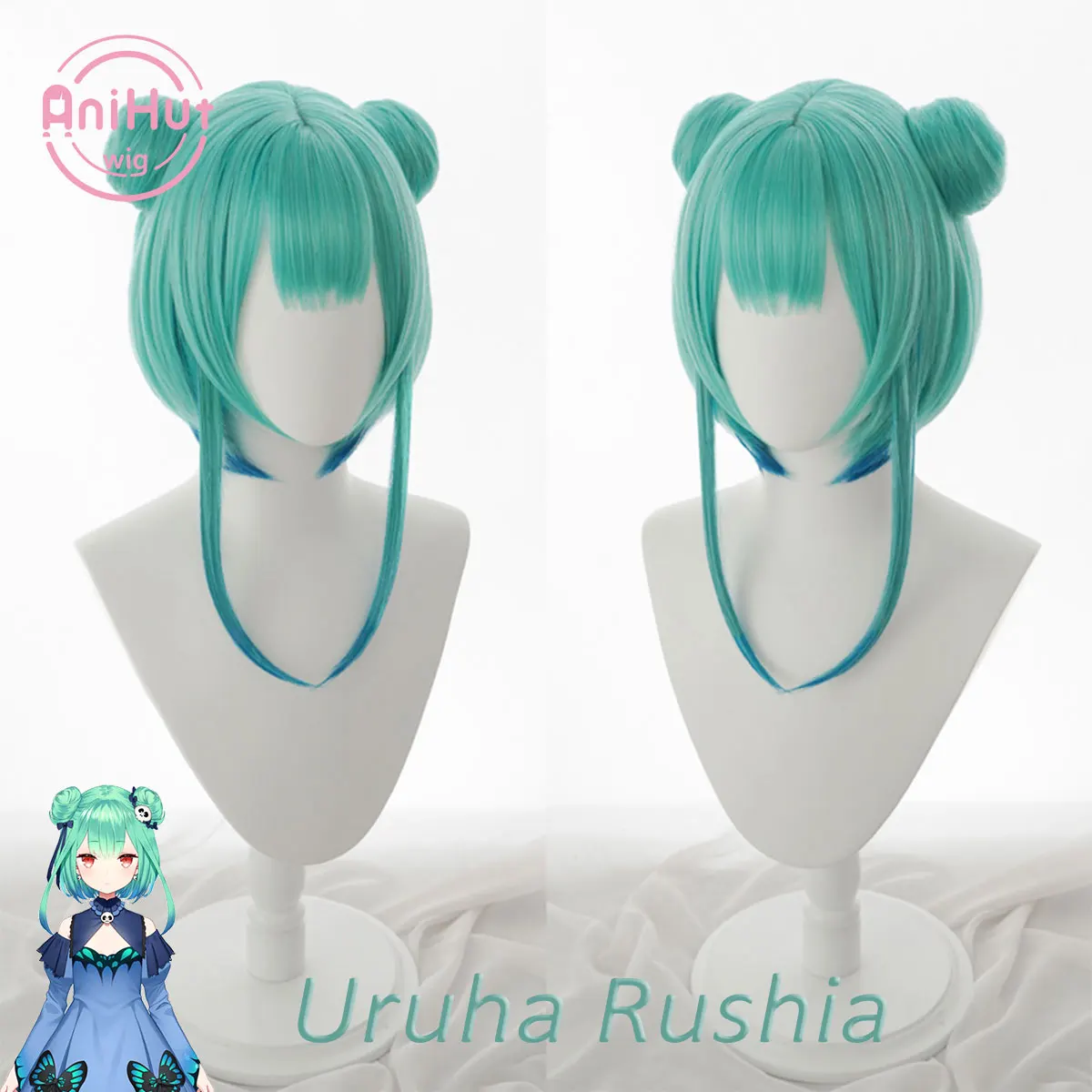 【AniHut】Youtuber Hololive Uruha рашия VTuber зеленый парик для косплея с булочек синтетический
