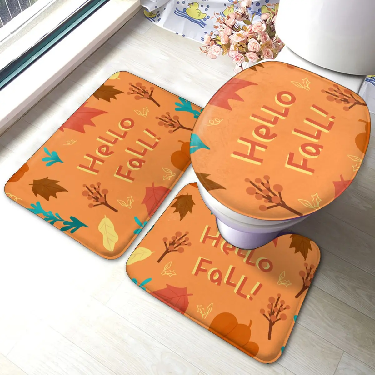 

Autumn Thanksgiving Day Bath Mat autumn 3 Piece Washable Foot Bathroom Mat Set Vintage Polyester Bathroom Rug