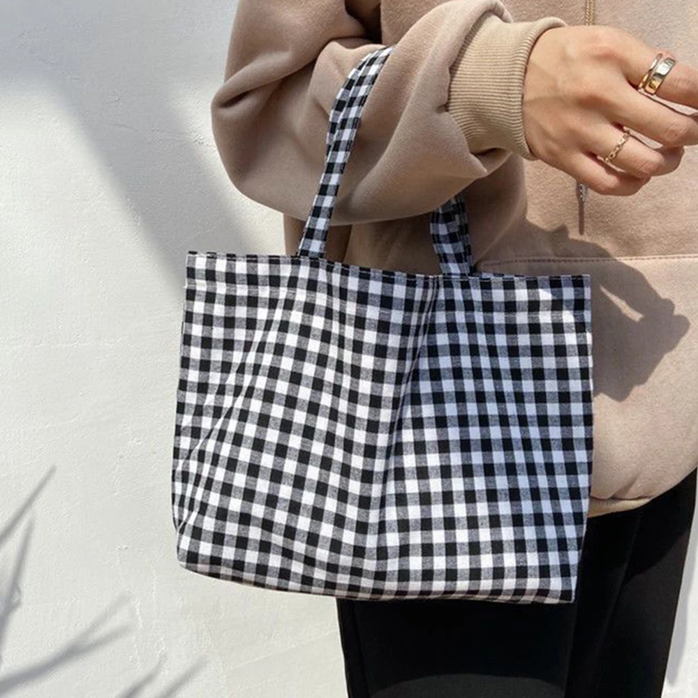 

2021 New Portable Lunch Bag Japanese Plaid Cotton Go Out Picnic Shopping Food Women Small Storage Toiletries Cosmetic Tote