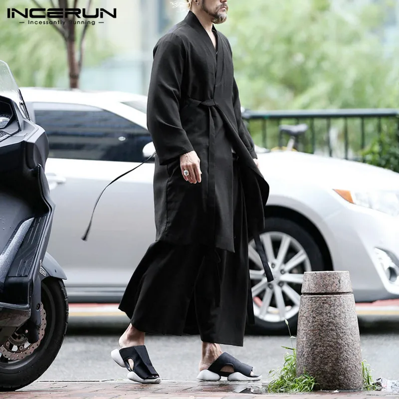 

Кимоно INCERUN мужское с V-образным вырезом, винтажная Повседневная Длинная рубашка свободного покроя, с длинными рукавами, в японском стиле, од...
