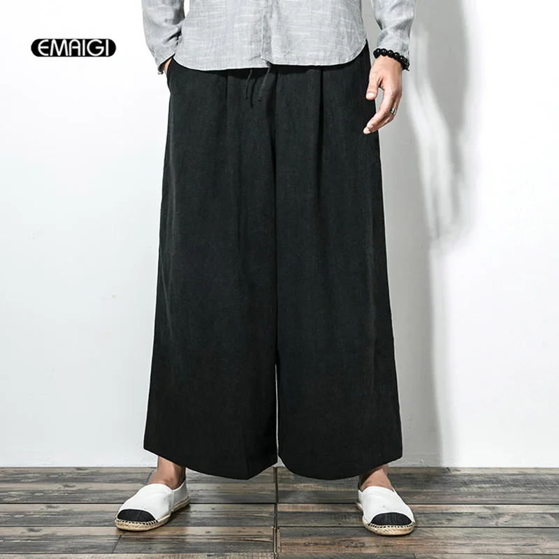 Брюки-кимоно мужские/женские из хлопка и льна повседневные штаны с широкими