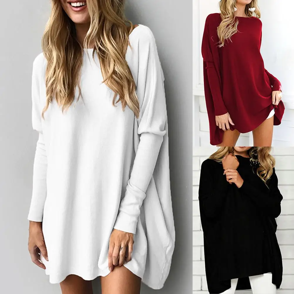 Женский Повседневный свободный однотонный пуловер с длинным рукавом и круглым