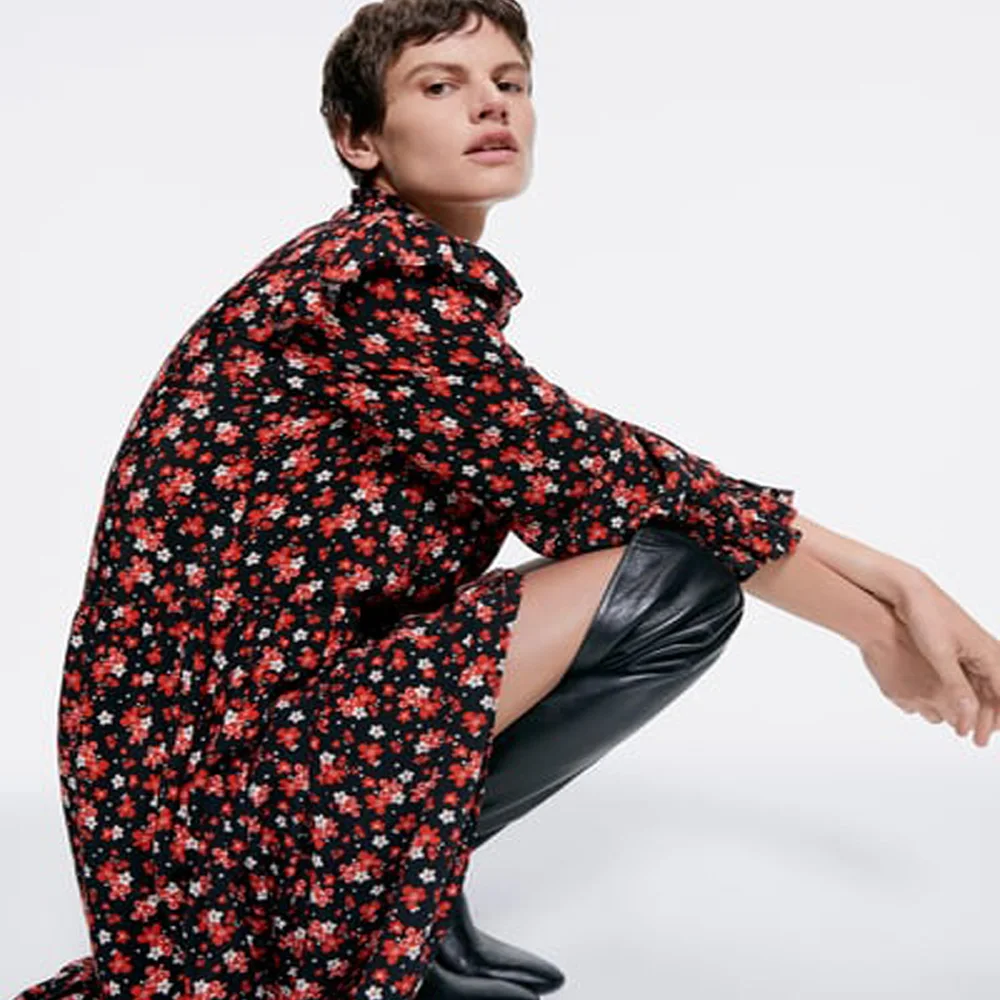 Женское платье с принтом ZA Красное Облегающее Платье Бохо длинными рукавами и