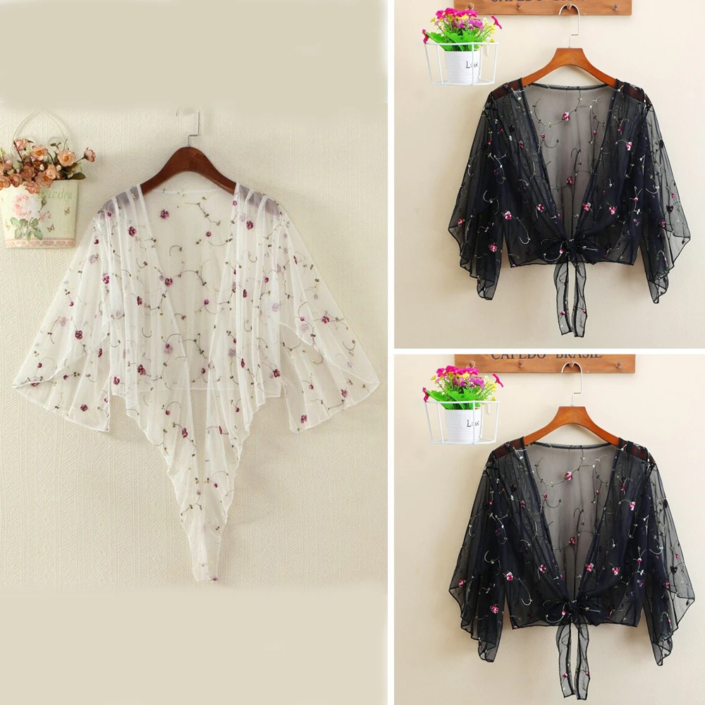 Women Long Sleeve Cover Ups Shirts Tops Beach Bathing Suit Floral Embroidery Cardigan Thin Coat Casual Party Outwear Blouse
