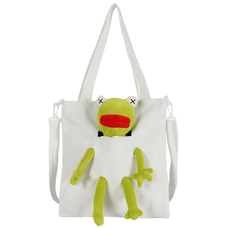 

Handbag net red girls bag new cartoon stitching shoulder bag funny frog doll canvas bag plush packback have a good quality