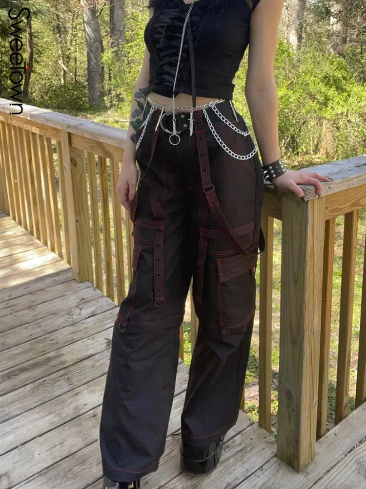 

Sweetown Pockets Patchwork Streetwear Cargo Pants Contrast Stitching Grunge Wide Leg Baggy Jeans Woman Hippie Denim Trousers