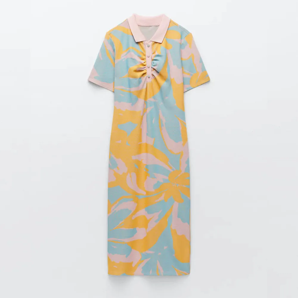 

DiYiG WOMAN 2021 early autumn new women's clothing sweet style pleated decorative lapel short sleeve midi jacquard dress