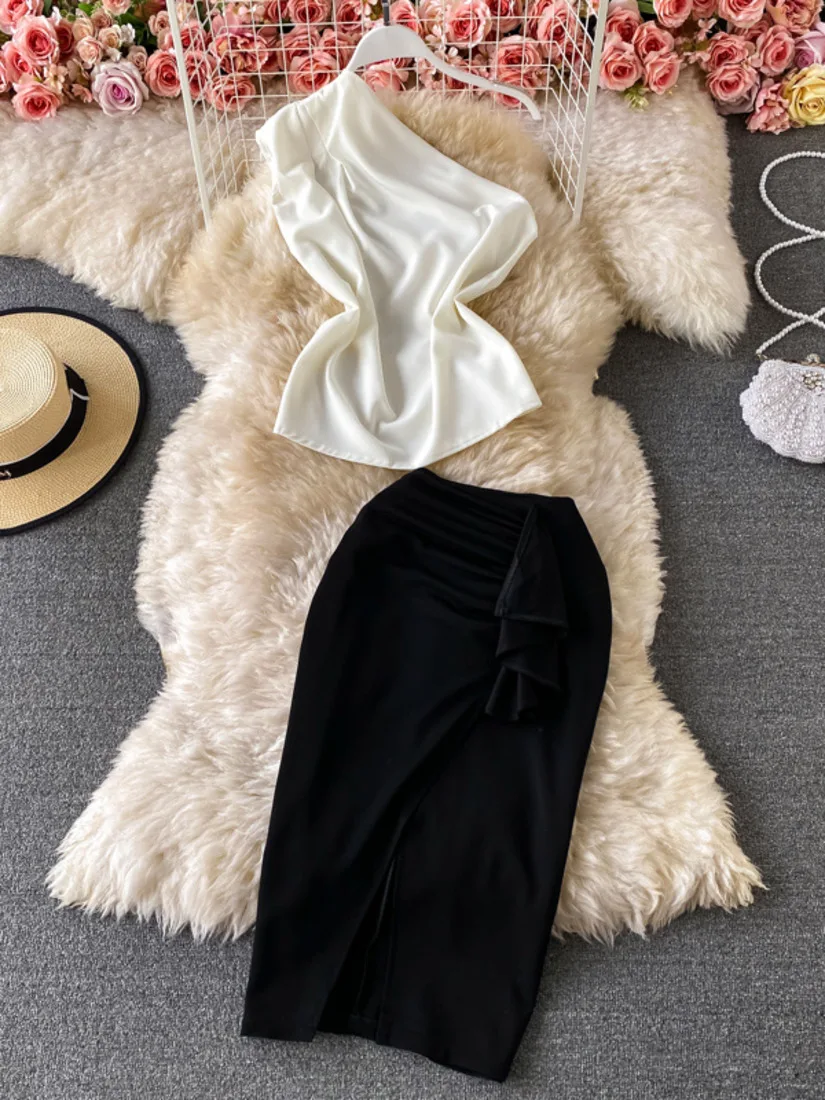 

high waist midi black split skirt 2-piece set women 2021 new summer skew collar off shoulder top for holiday casual club party