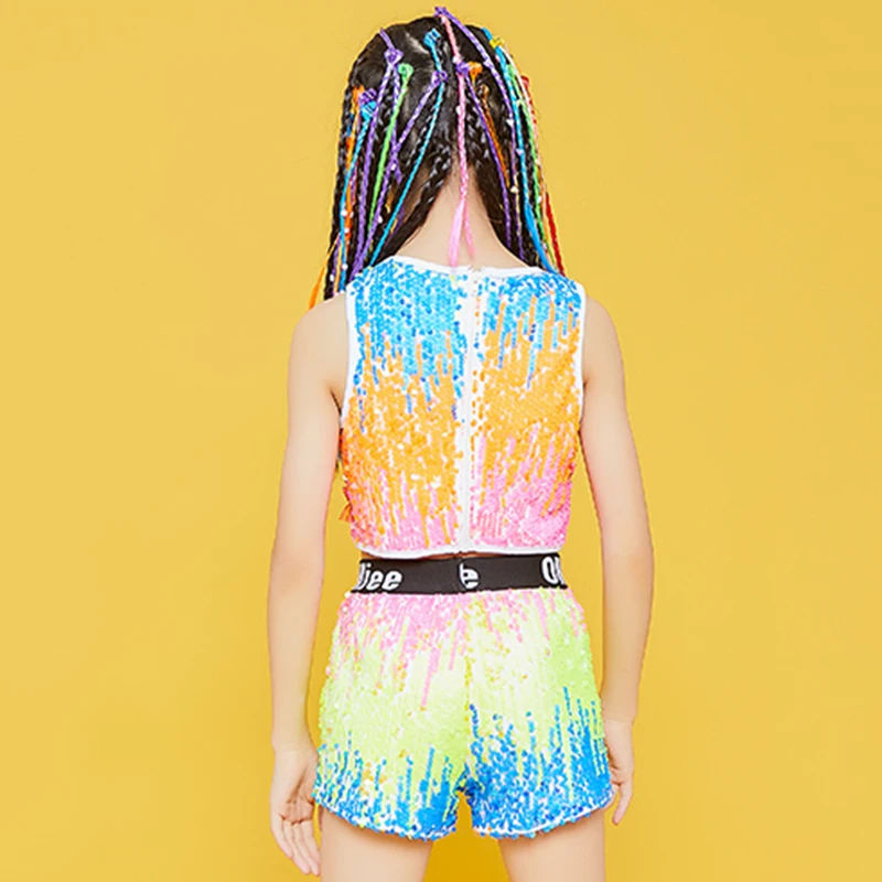 

Children'S Jazz Costumes Colorful Sequins Vest Shorts Girls Cheerleader Performance Clothes Hip Hop Street Dance Suits DNV13555