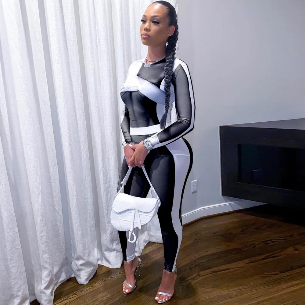 

Plus Size Color Block Fitness Matching Women 2 Two Piece Set Long Sleeve Workout Tshirts and Skinny Legging Active Wear Outfits