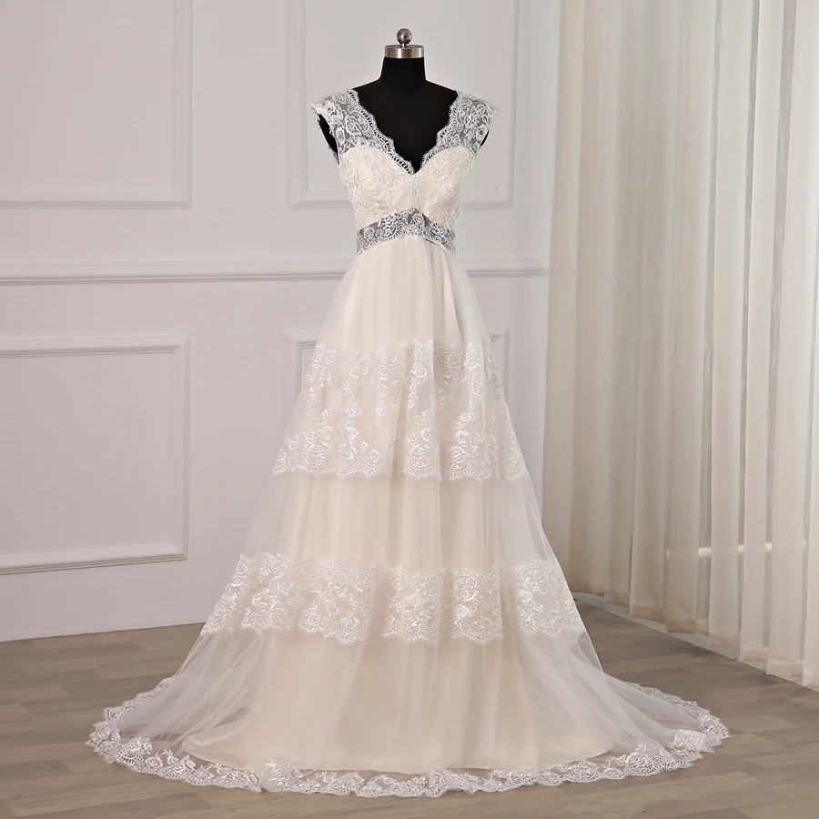 

Jiayigong Cheap Lace Wedding Dress V-neck Sleeves Waist Cut-out A-line Bridal Wedding Dresses Back Zipper Up Robe De Mariage