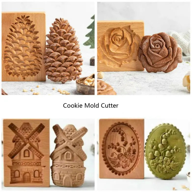 

Cookie Mold Cutter Wooden 3D Embossing Rose Biscuit Provance Gingerbread Cookie Mold DIY Parent-child Food Mold Baking Tools