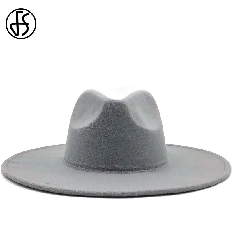 

FS British Style Winter Wool Fedora Hat Women Men Solid Black Wide Flat Brim Panama Jazz Hats Big Fedoras Sombrero Cap