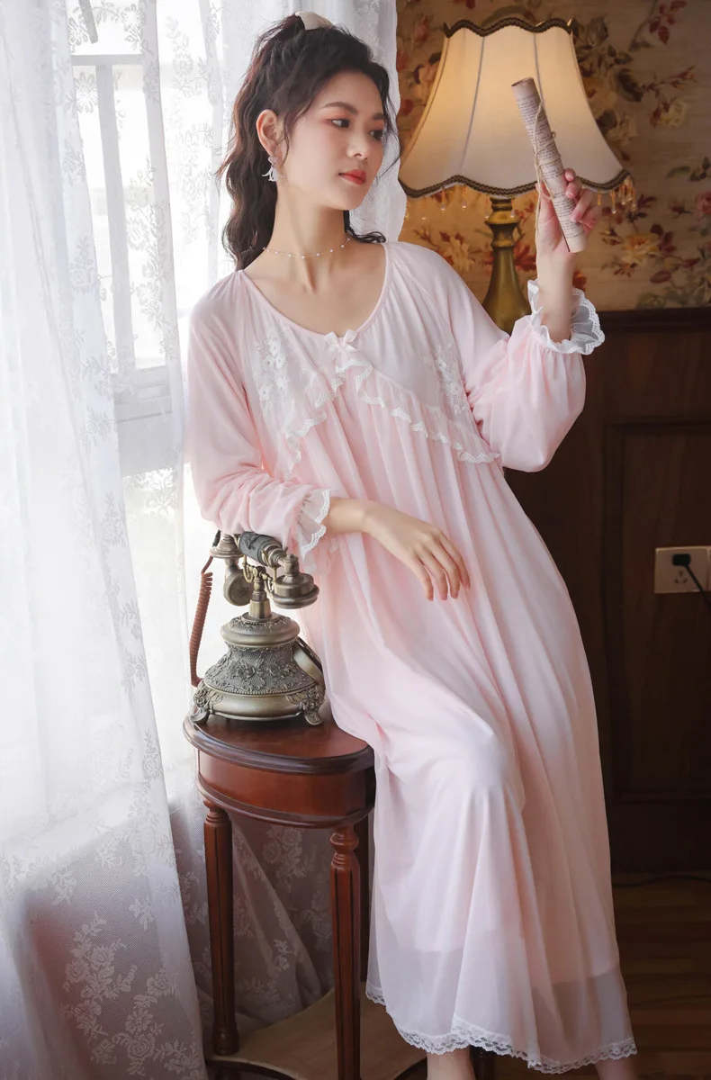 

Long-Sleeved Modal Nightdress Women Court Style Mesh Princess Pajamas Embroidered Lace Round Neck Nightgown Spring and Autumn