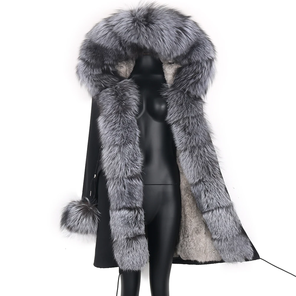 Enlarge 2021 Real Fur Coat Natural Real Fox Fur Collar Warm Big Fur Outerwear Detachable Female Long Parka Women Fashion Winter Jacket