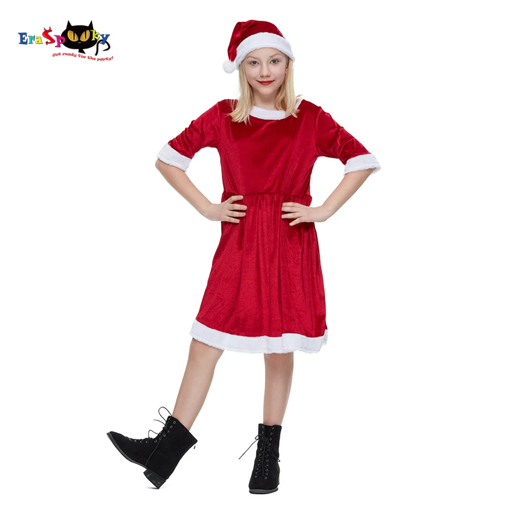 

Eraspooky Red Velvet Santa Claus Costume For Girls Kids Christmas Dress Hat Set Children Carnival Party Fancy Dress
