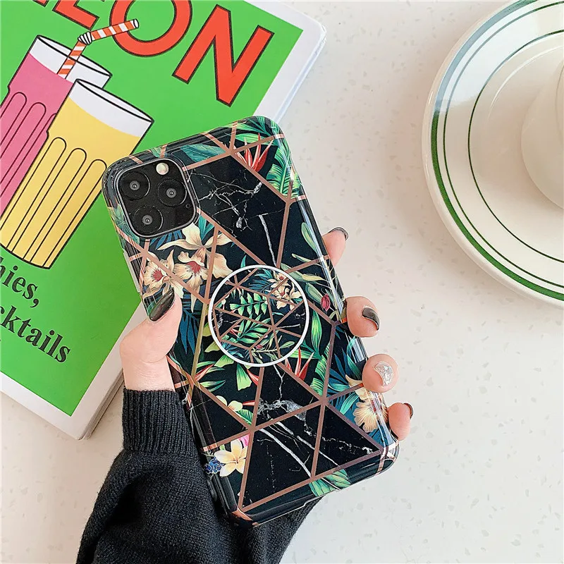 

Plating Gold Line Flower Stand Phone Case for iPhone 11 Pro XR XS Max 7 8 Plus 6 6s Holder Back Cover Glossy Silicone Fundas