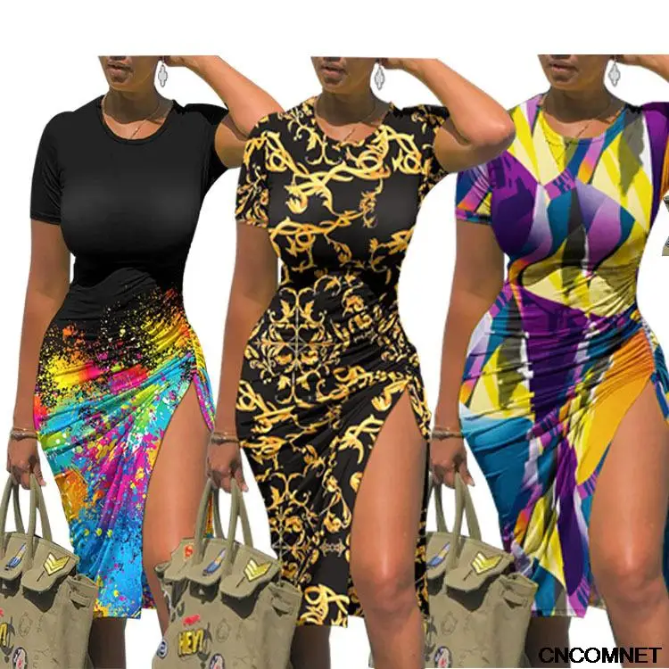 

Women Summer Tie-dye Printing Pencil Dress Shrinkage Drawstring O-Neck Short Sleeve Mid Waist Slim Hips Dress For Woman Vestidos