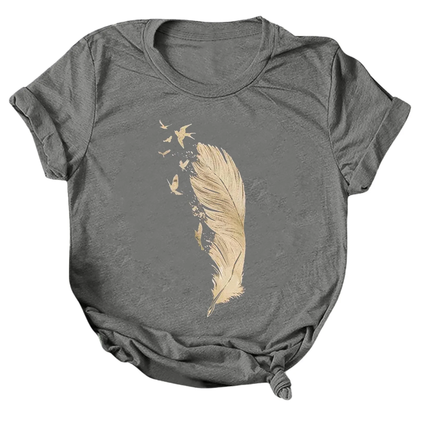 

Fashion Women Feather Print Tee Shirts Casual Loose O-Neck Women Female Pullover Tunic Tops Blouse 2021 Short Sleeve Tee Shirts