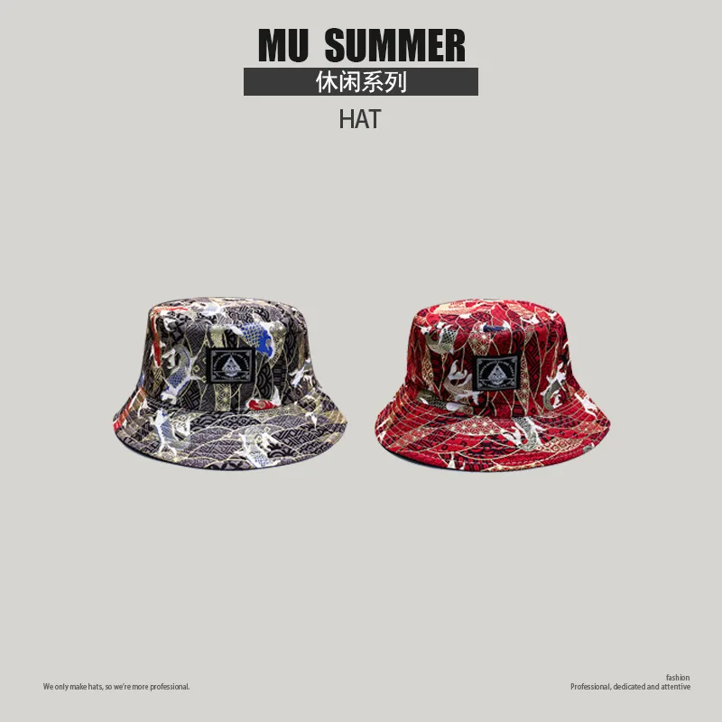 

Панама в японском стиле мужская, двусторонняя шапка рыбака, с вышивкой карпа, Повседневная универсальная модная уличная шляпа от солнца