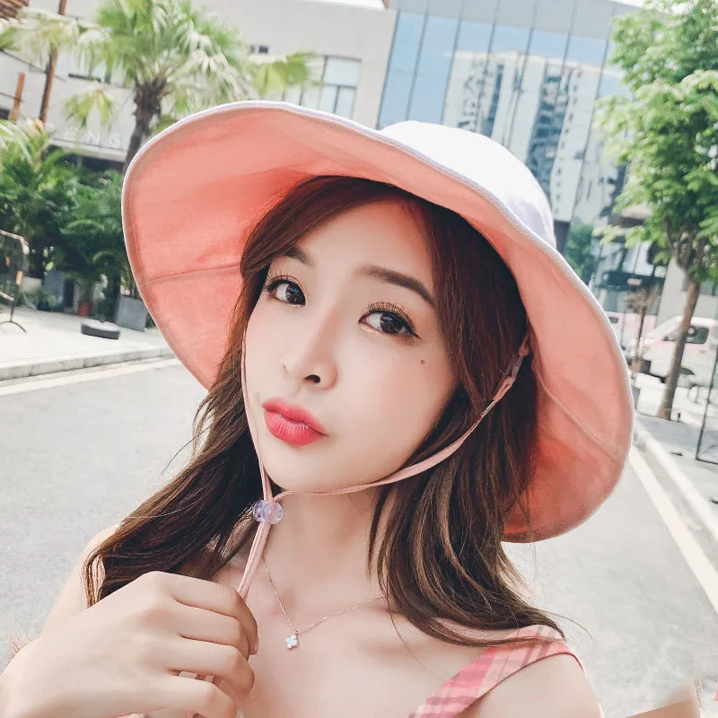 Wide Brim Cotton Bucket Hat Reversible for Women Summer Hiking Anti-sunburn White Fisherman Caps Ladies Fashion Pink Bucket Hat - Цвет: Color 6