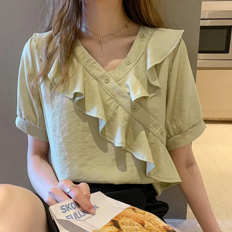 Летняя женская футболка корейский стиль 2020 топы футболки одежда шифон v-образный